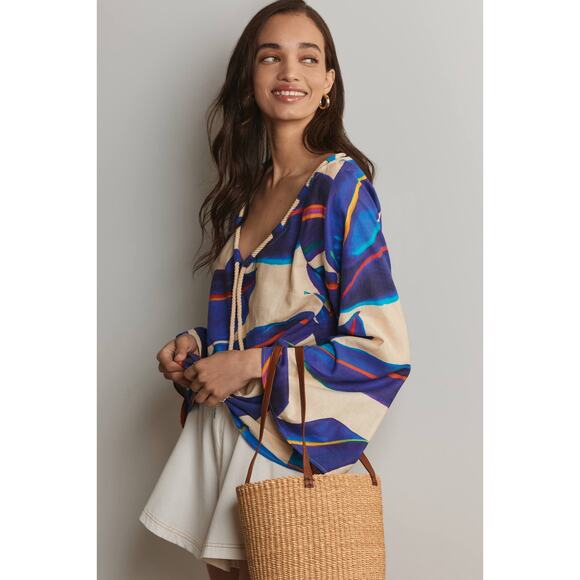 Farm Rio Long-Sleeve Rope-Tie Linen Blouse - Picture 3 of 4